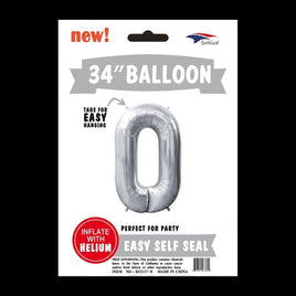 Foil Balloons Number 0 (34") Silver | Bag