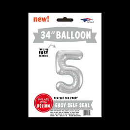 Foil Balloons Number 5 (34") Silver | Bag